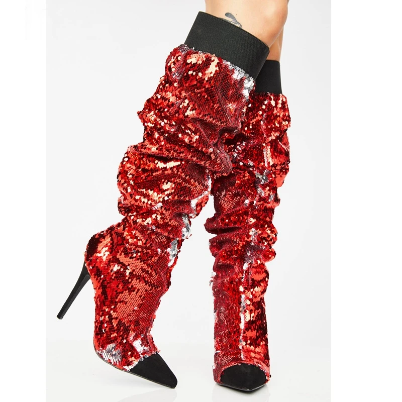 

Женские кожаные сапоги до колена, красные блестящие сапоги составного кроя на высоком каблуке-шпильке, на молнии, с рюшами и блестками