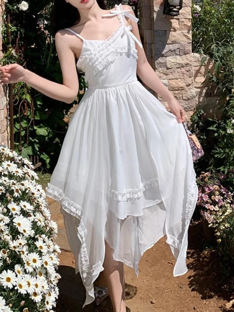 

Женское шифоновое платье с бантом, белое асимметричное длинное платье-трапеция без рукавов, с V-образным вырезом и оборками, лето