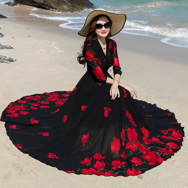 Женское шифоновое платье с цветочным принтом Черное длинное пляжное облегающее
