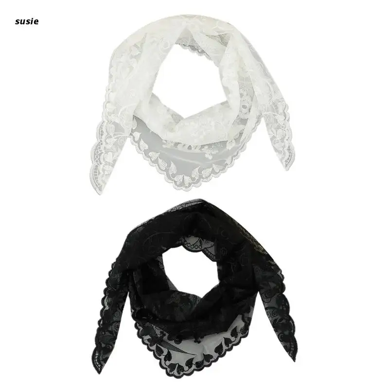 

X7YA Lace Scarf Floral headscarf Summer Hijab Headcovering Scarf