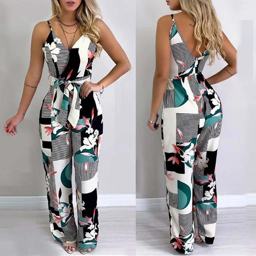 

Women Sexy V-Neck Striped Printed Sleeveless Womens Sexy Jumpsuits And Rompers Fall Dress Pants Women Petite Suits for Women