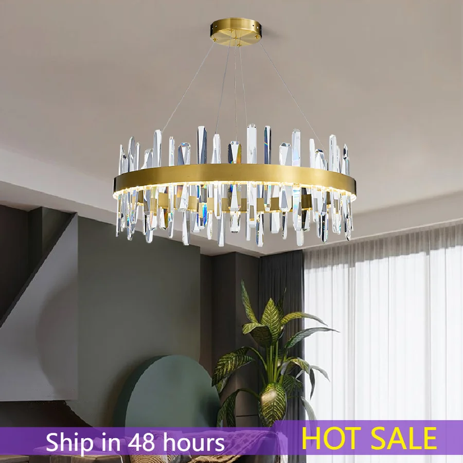 

New Copper LED Modern Round K9 Crystal Chandelier For Dining Room Design Kitchen Island Lighting Fixtures Plated Chrome G4