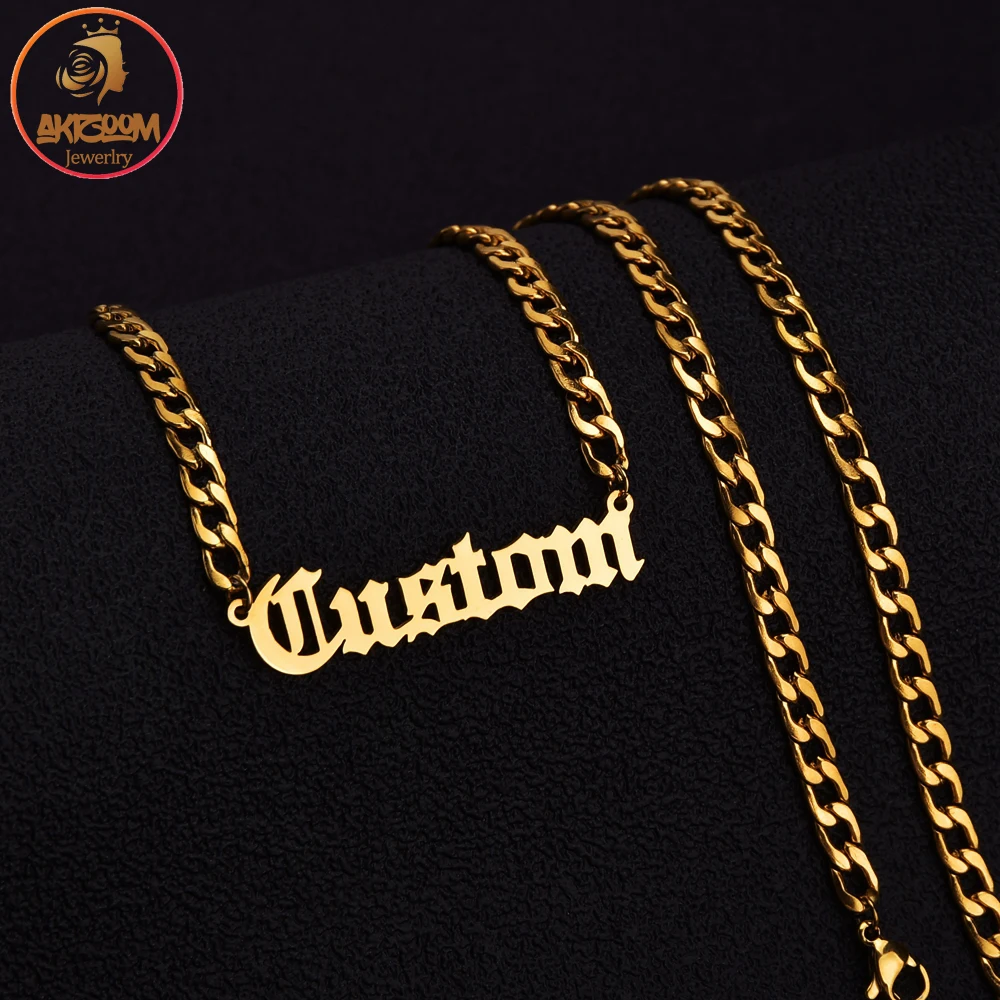 

Akizoom Personalized Custom Name Necklace Pendant Gold Color 4mm NK Detachable Cuban Chain Nameplate for Women Men DIY Gift