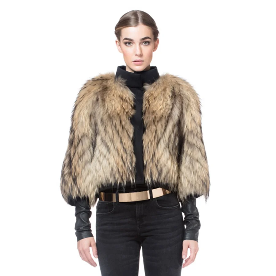 

Outwear High quality Coat Women 100% Natural Racoon Jacket Winter Warm Thick Cropped Fur Overcoat Fashion