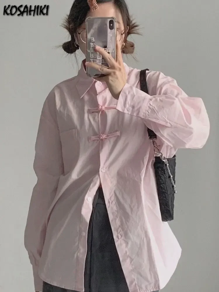 Блузка женская в китайском стиле Харадзюку с длинным рукавом и пуговицами