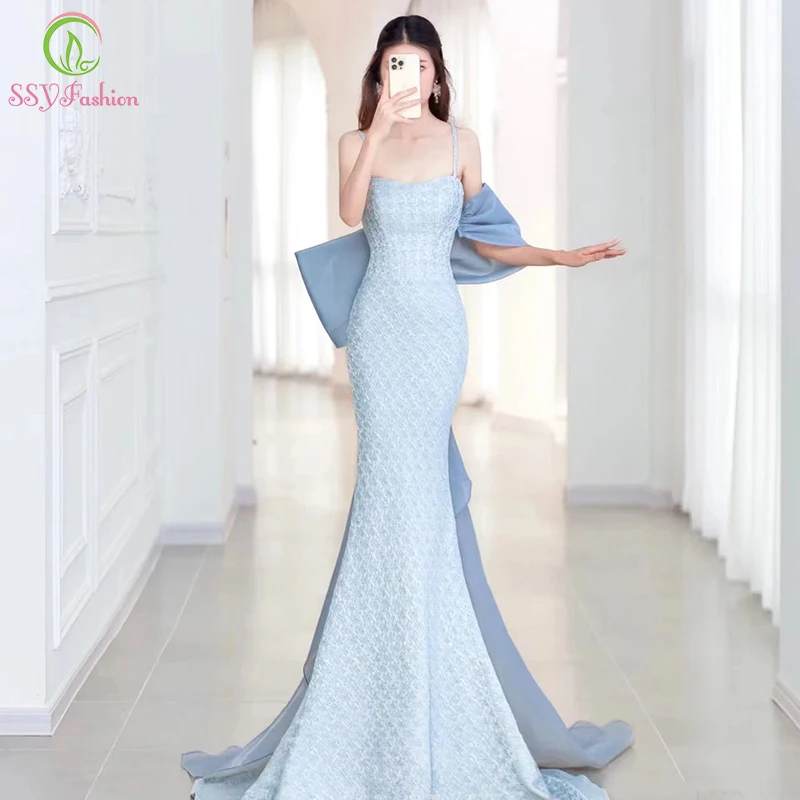 

Женское платье с открытой спиной SSYFashion, облегающее вечернее платье со съемным хвостом, платье для выпускного вечера