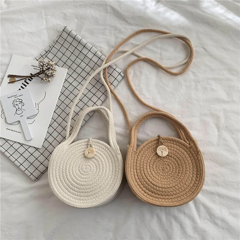 

Round cotton rope shoulder woven bag beach bag Mori straw bag small round cake messenger bag bags for women crossbody bag