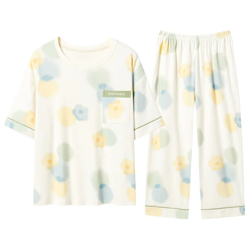 Cotton Pajamas Women's Summer Thin Short-sleeved Cropped Pants Loose Large Size Home Service Suit Breathable and Soft Loungewear