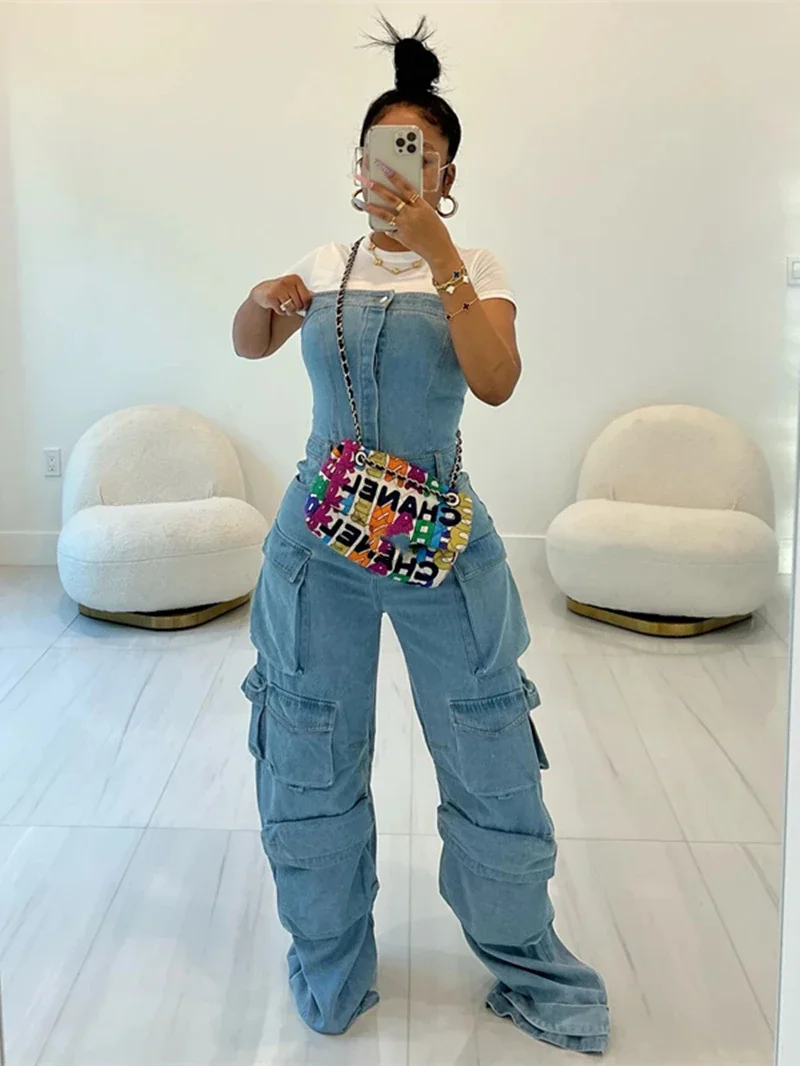 Женский джинсовый комбинезон без рукавов бретелек