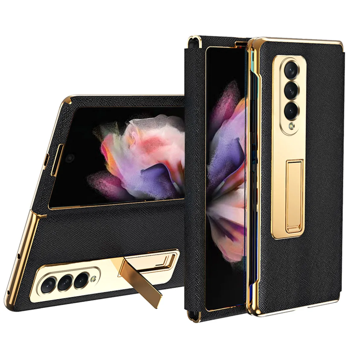 

Luxury Leather Case Plating Frame with Foldable Kickstand Front Cover Glass Screen Protector Film For Samsung Galaxy Z Fold 3 5G