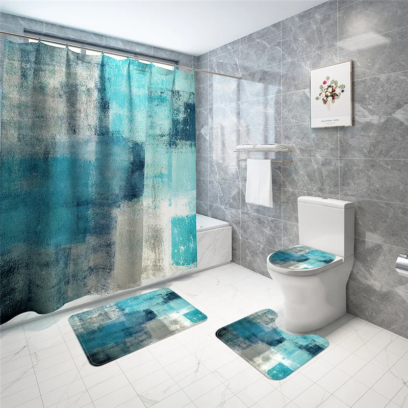 

Modern Minimalist Blue Abstract Print Home Decor Bathroom Toilet Cover Sets Waterproof Shower Curtain Mats Carpet Rugs Suits