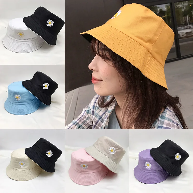 

Unisex Bucket Hat Double-Side Harajuku Outdoor Fishing Cap Women Men Cotton Sunscreen Hats Daisy Embroidery Fisherman Caps