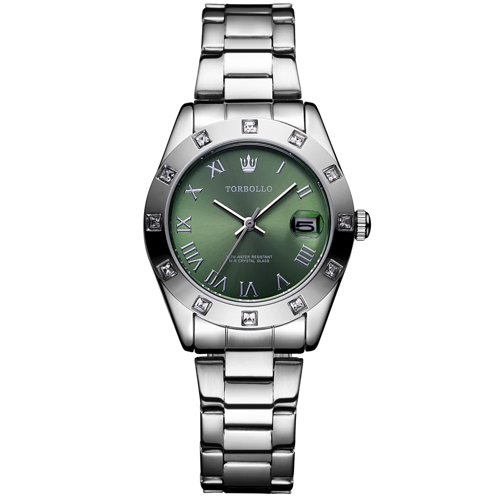

Fashion Women Watch Waterproof Stainless Steel Straps JAPAN Quartz Silver Green Womens Clock