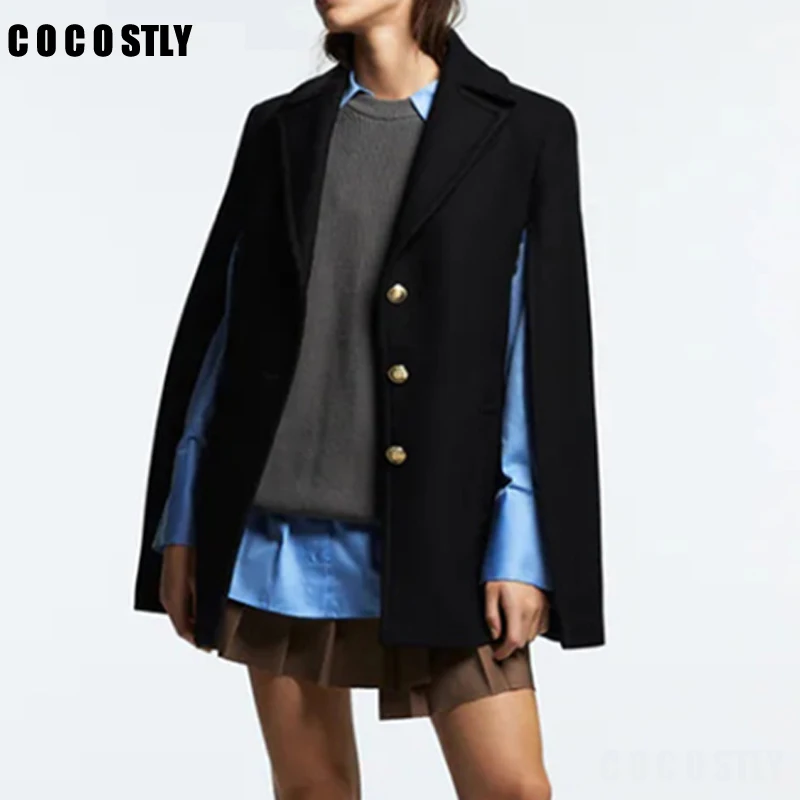 

New 2022 Autumn Winter Women Fashion Woolen Cloak Coat Casual Chic Button Sleeveless Blazer Ladies Outwear Tops Female
