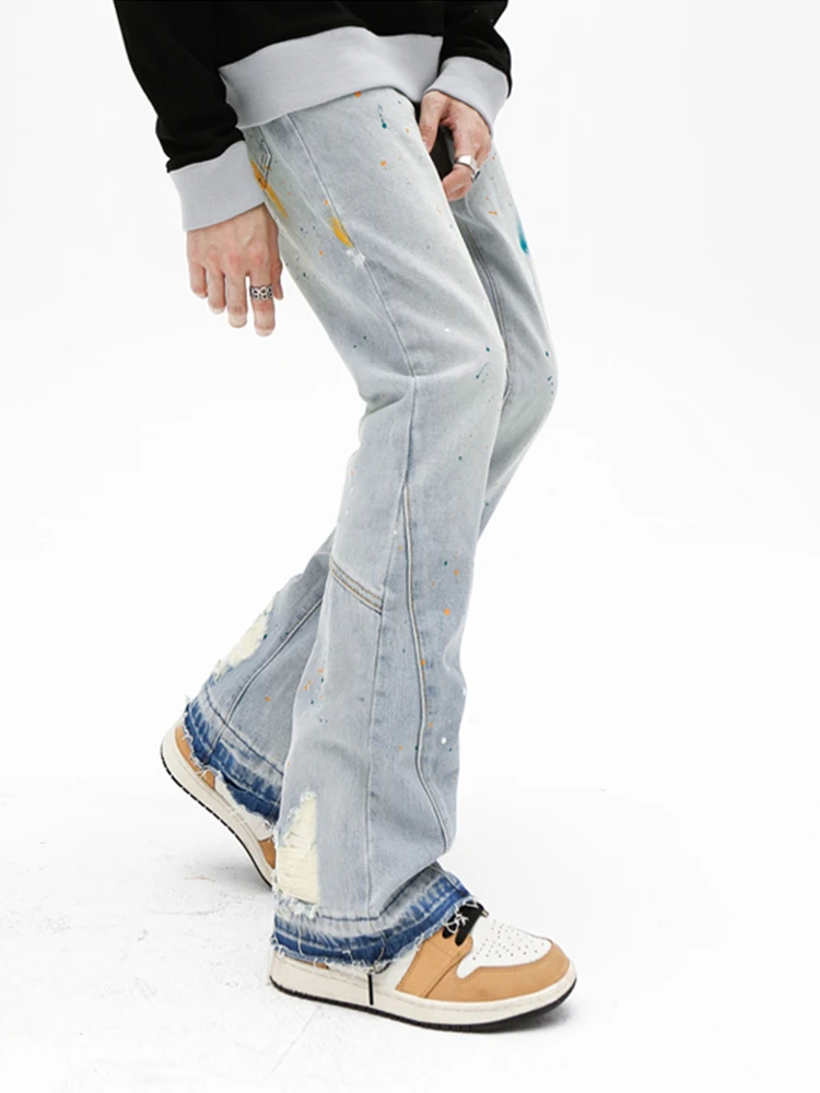 European and American VIBE wind splash ink graffiti hip -hop rap street style retro Y2K trousers loose micro -flared pants JEANS