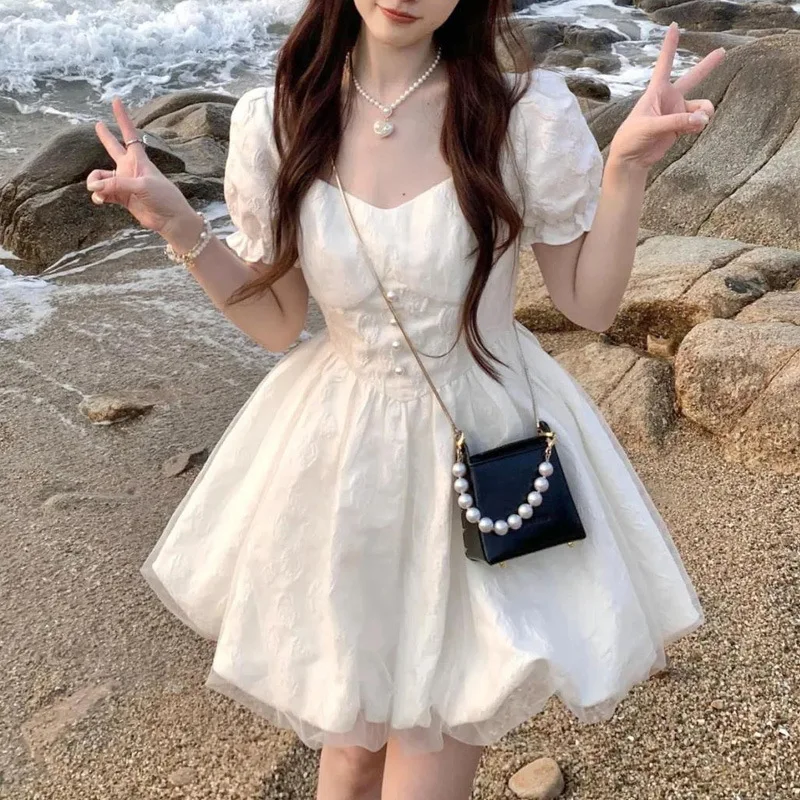 

CGC Korean Style Summer Kawaii Women White Lolita Dress Vintage Elegant Party Short Dresses Puff Sleeves Preppy Style Clothing