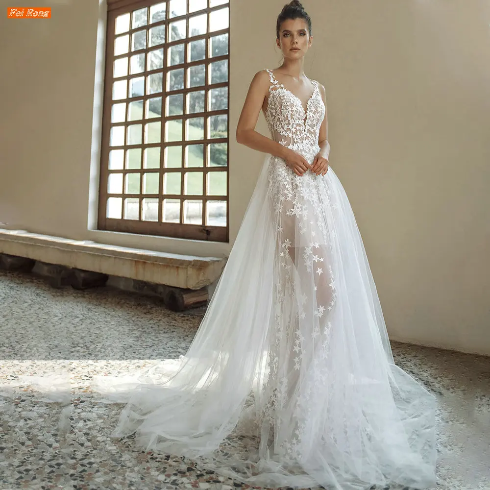 

Fei Rong Boho V Neck Lace Appliques Wedding Dress Vestidos De Novia Sleeveless Graceful A Line Bridal Gown свадебное платье