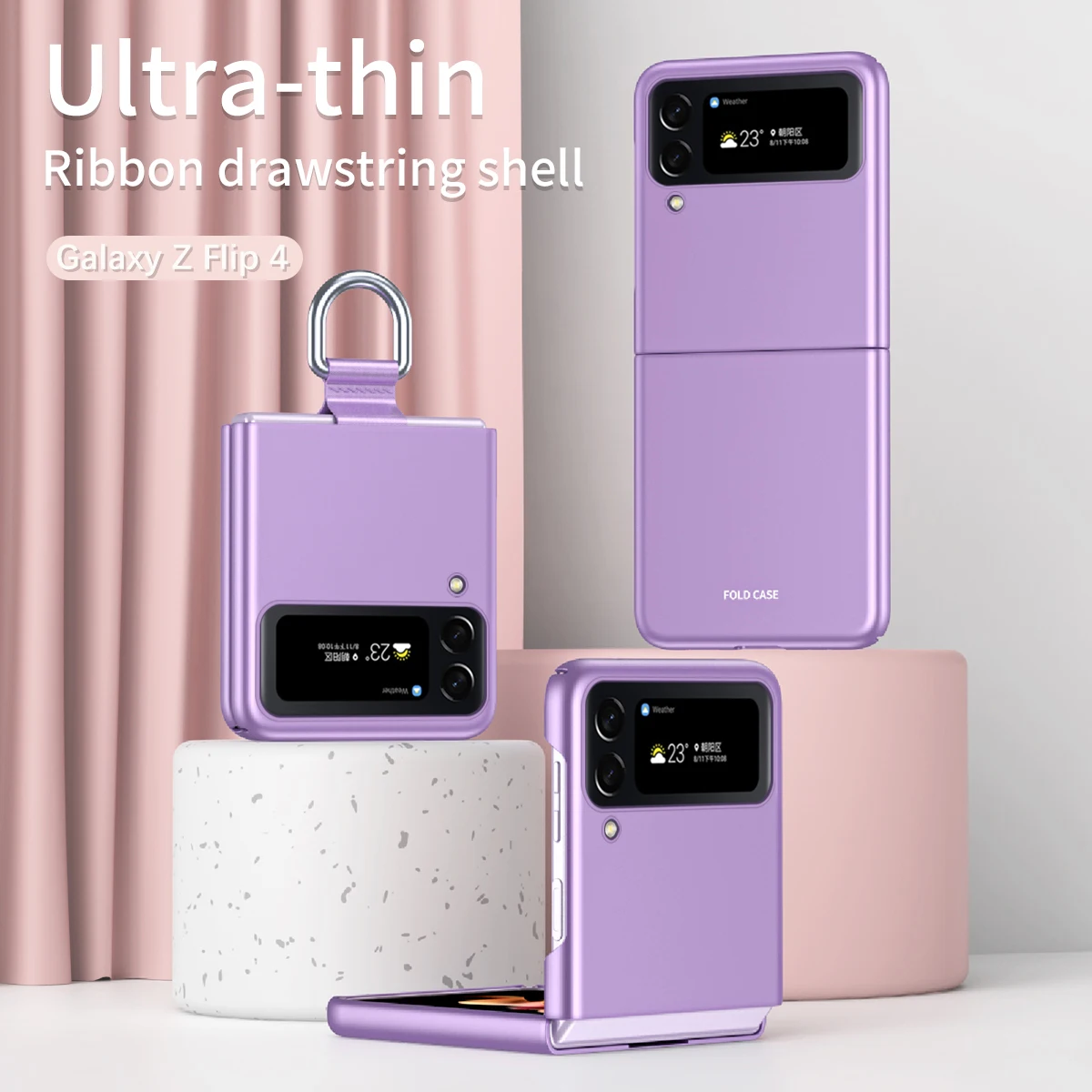 

For Samsung Galaxy Z Flip 4 3 Case Luxury Plain Ultra-thin Skin-feeling Ribbon Ring Folding Shockproof Protection Hard Back Case