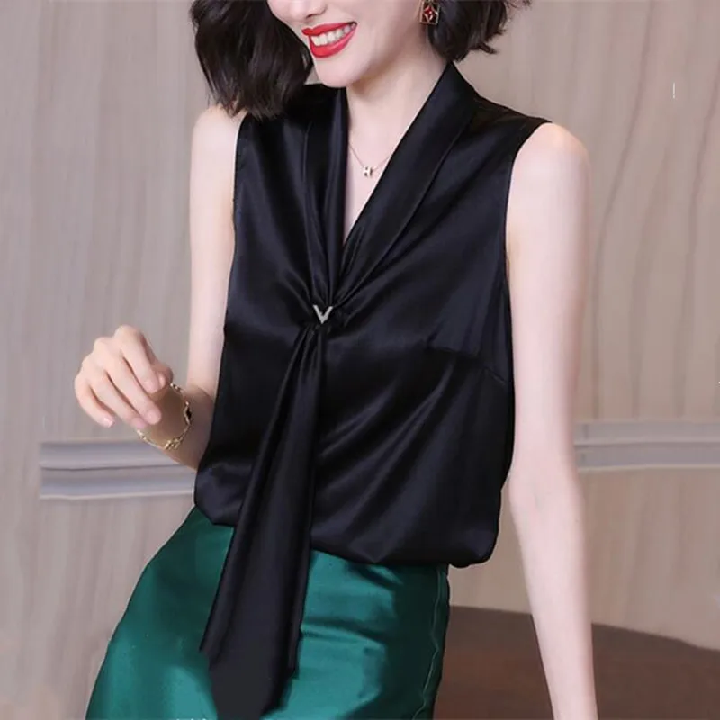 

New Fashion women black white scarf collar Acetate satin Shirt office lady elegant basic wild silk stain Blouse tops