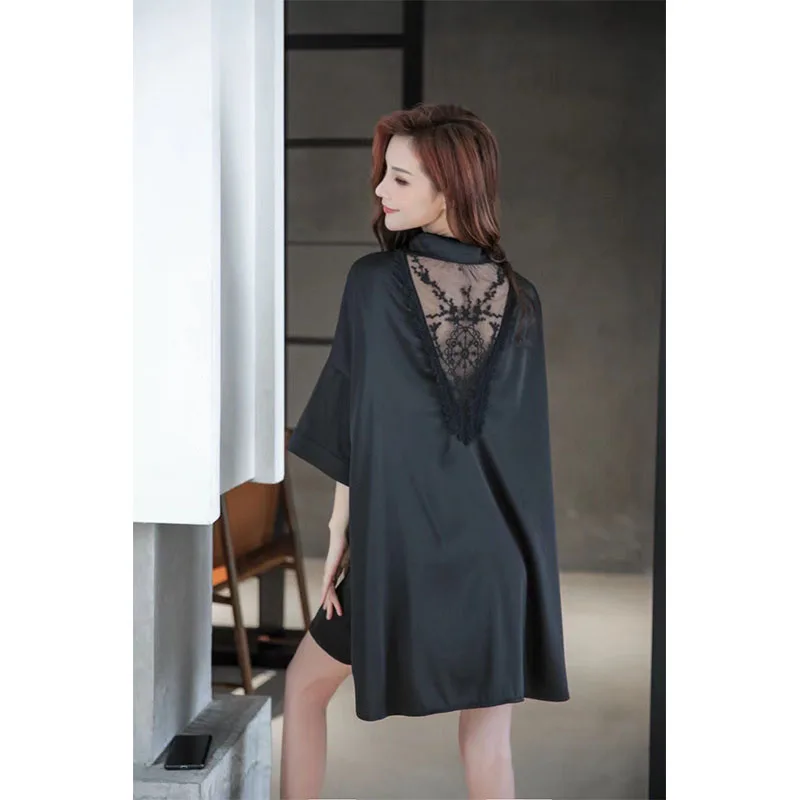 YFTNH Satin Silk Nightgown for Women Soft Sleepwear Back Cutout Sexy Solid Color Plain Short Sleeve Nightshirt Summer Nightdress