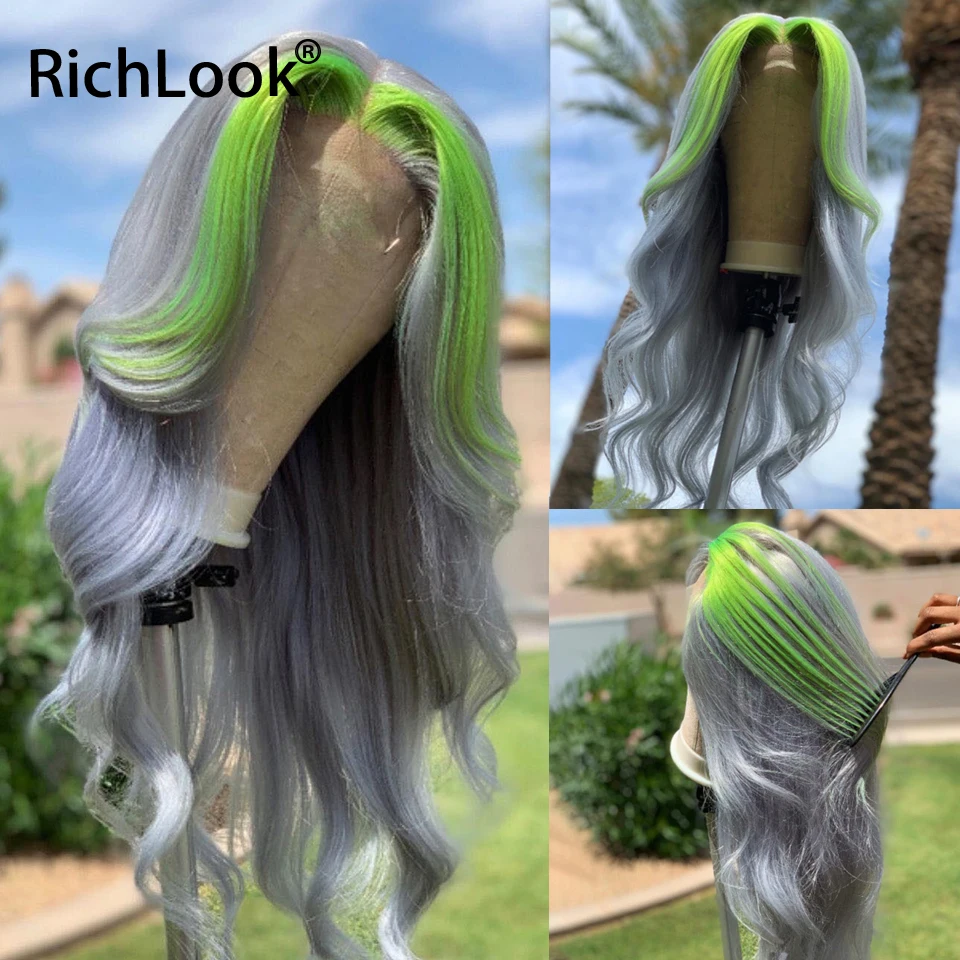 

Серые зеленые волнистые человеческие волосы, парики для женщин, бразильские прозрачные бесклеевые полноразмерные передние парики на сетке...