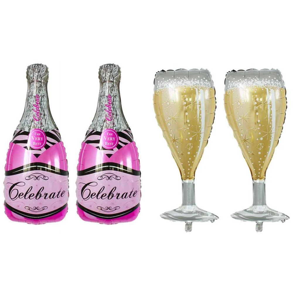 

4 Pcs Champagne Bottle and Wine Goblet Glass Pink Foil Balloons for Party