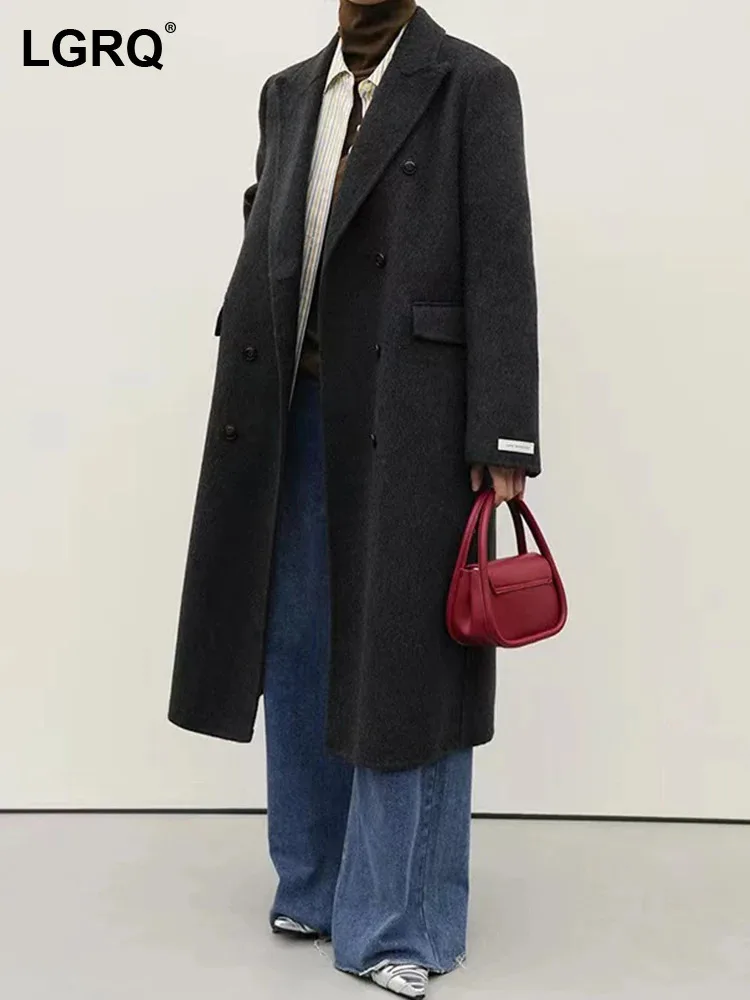 LGRQ офисные женские теплые шерстяные пальто для женщин двубортная модная длинная