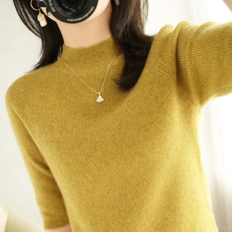 

Spring Summer New Three Quarter Sleeve Women Half-high Neck Slim Wool Cotton Blend Pullover T-shirt Casual Knitted Base Hot sale