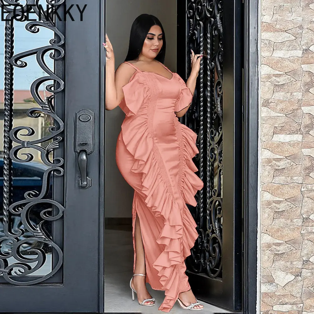 EOENKKY Plus Size Women 4XL Sexy Gown Halter and Ruffle Party Bridesmaid's Dress Exotic Apparel Wholesale Dropshiping Customize