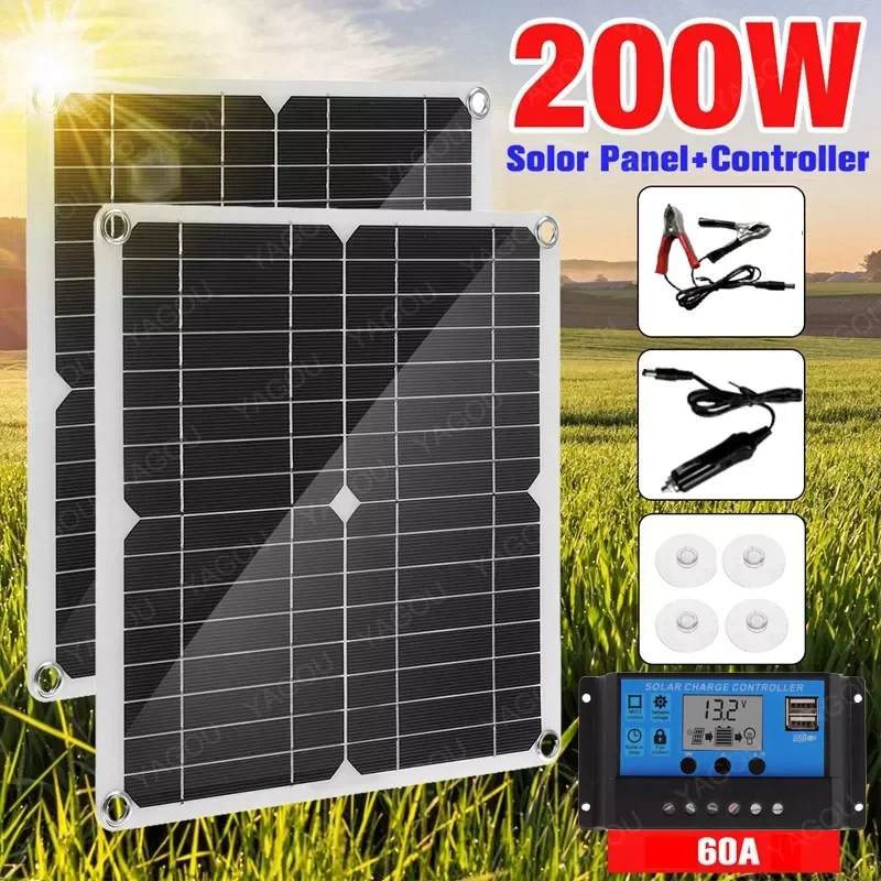 

200W Solar Panel Kit With 60A Controller 12V DC Portable Solar Power Charger for Bank Battery Camping Car Boat RV Solar Plate