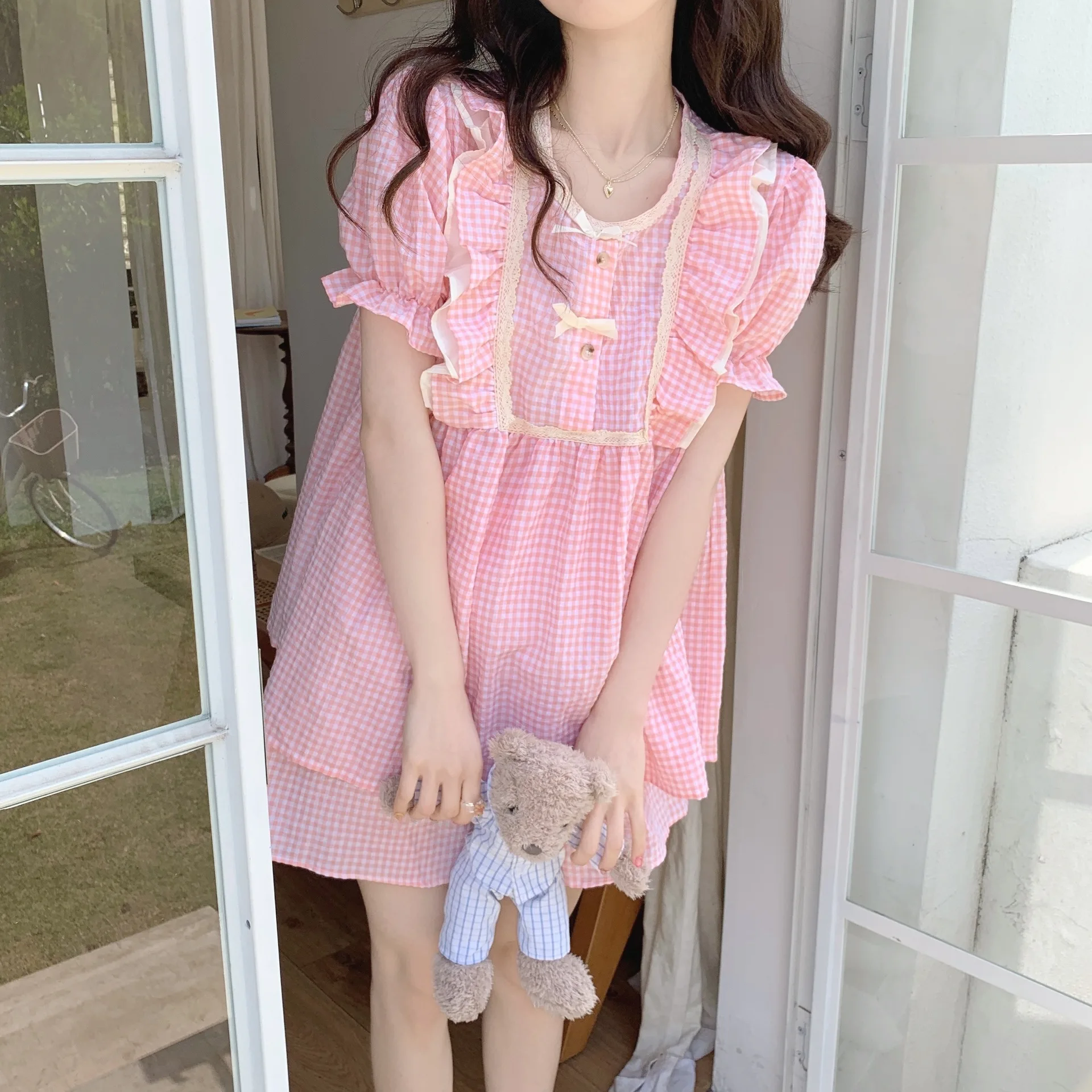 2022 New Women's Pajamas Cotton Round Neck Bow Puff Short Sleeves Loose Top Shorts Plaid Two Piece Sets Women Loungewear Pyjamas