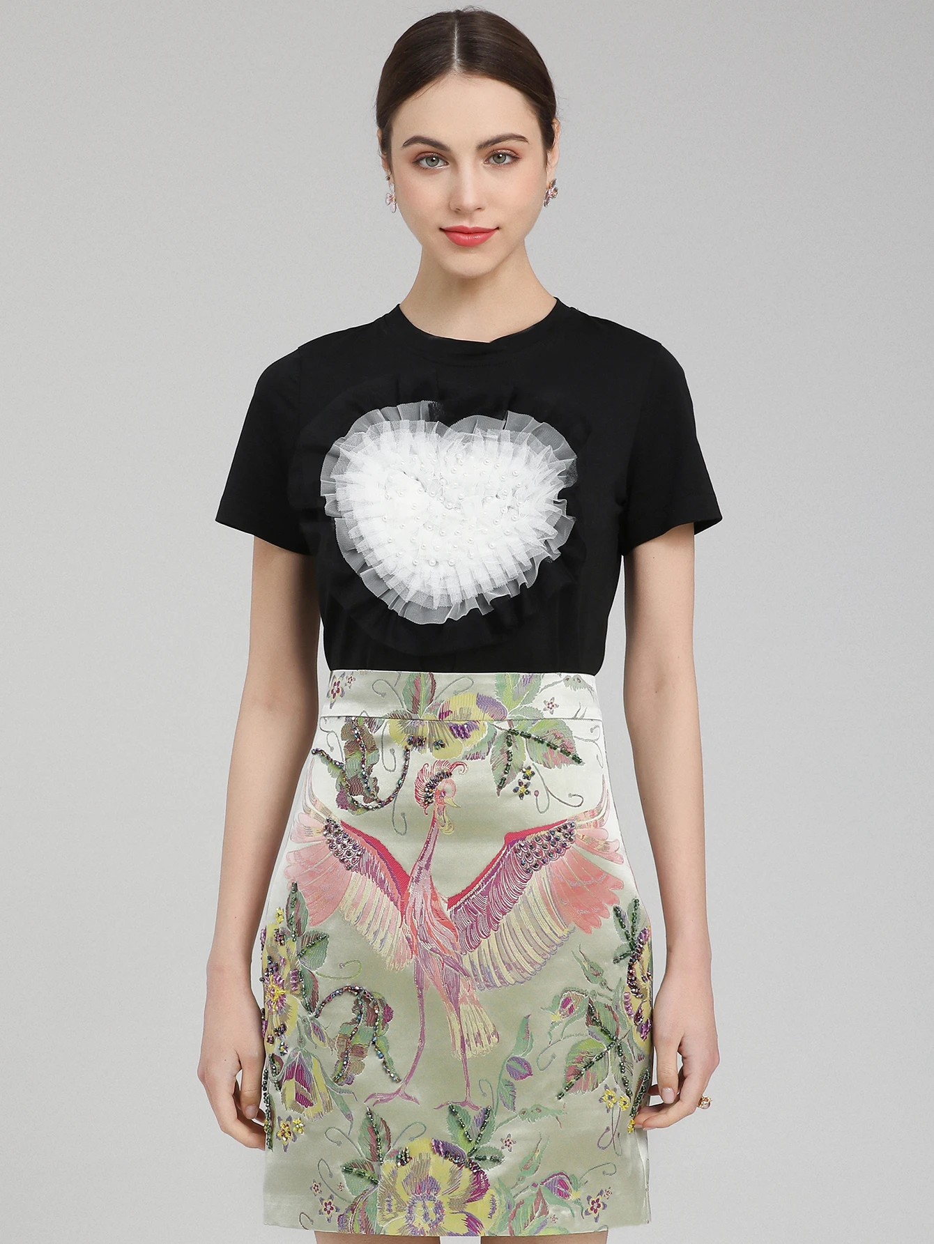 

Gedivoen Fashion Runway Summer Skirts Suit Women Black Short sleeve Tops＋Beading bird flower print Jacquard Skirts 2 piece suit