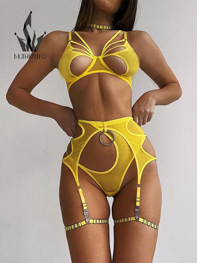 

Mulherelfo Erotic Hollow Mesh Lingerie Women Underwear Sexy Transparent Bra Brief Garter Set Underwire Push Up Brassiere Outfits
