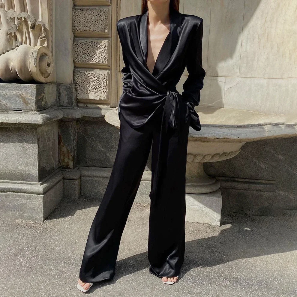 

Women's Fahion Style 2 Piece Suit Spring New Style Ice Silk Long Sleeve Shoulder Pad Lace Up Shirt Trousers Casual Suit Women