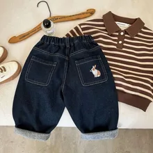 2023 Winter Kids Pants Brushed Lining thicken jeans Boys and girls Rabbit embroidery casual denim Trousers