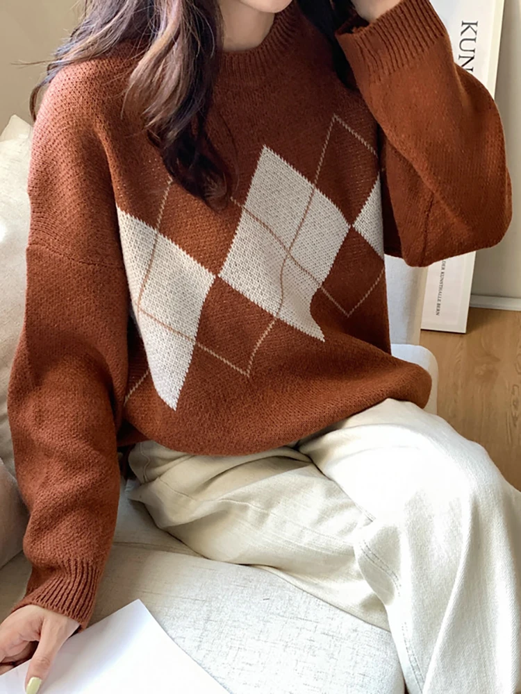 

Argyle Knitted Sweaters Women Vintage College Style Jumper Casual Pullover Fashion Sweater Winter Loose Top Sueter De Mujer