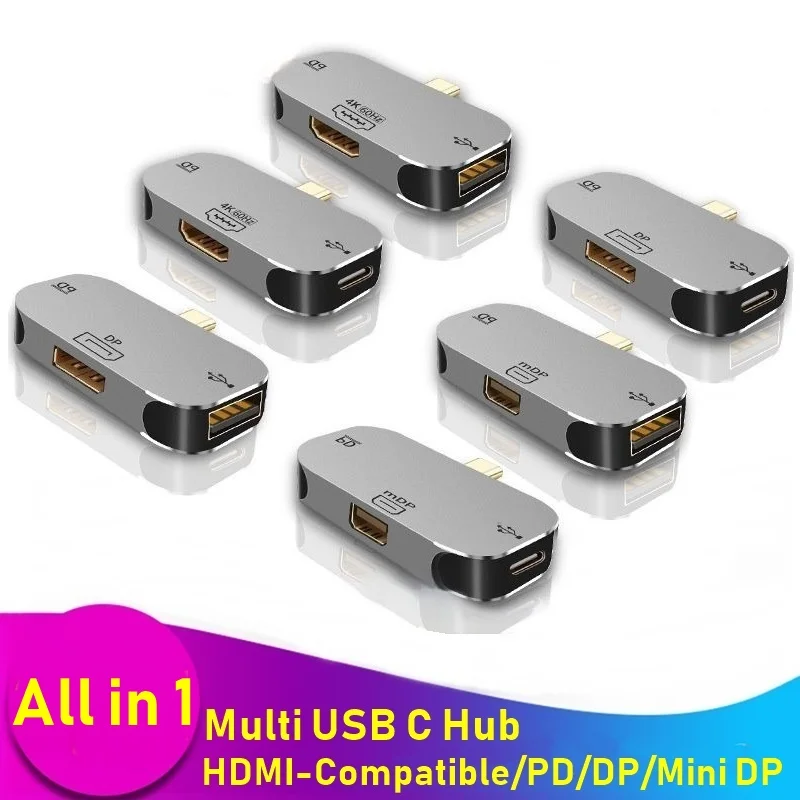 Universal Multi-function USB 3.1 Type-C Hub To HDMI-Compatible Aluminum Splitter Extender 3.55mm Jack PD100W Mini DP Adapter |