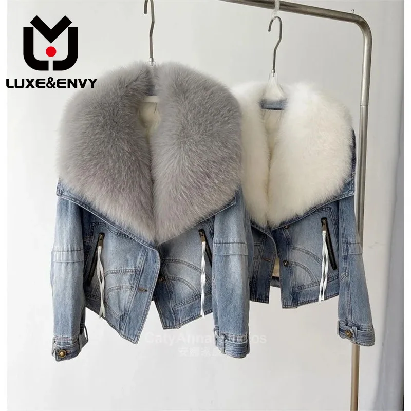 

Роскошный & ENVY Haining новый супер большой Лисий Мех Съемная джинсовая женская короткая куртка из гусиного пуха пуховое меховое пальто 2023 осень