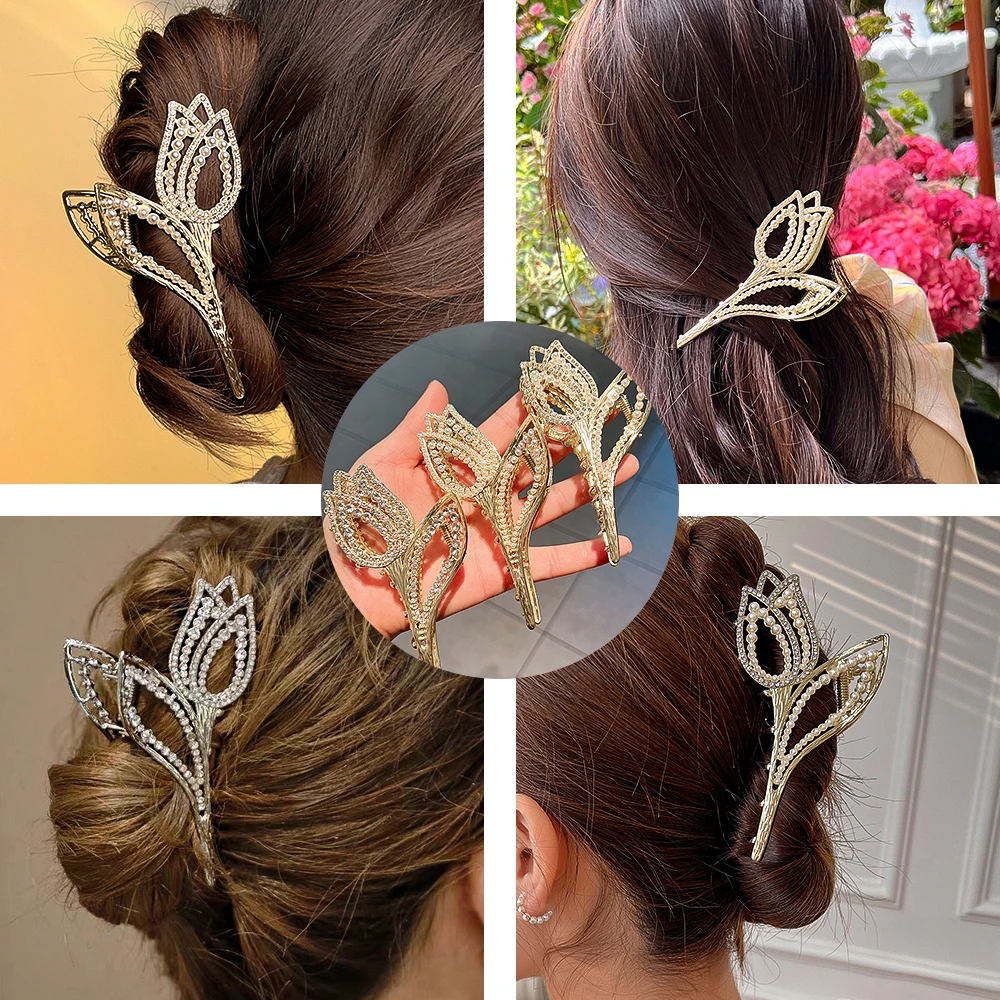 

Ladies Pearl Crystal Hair Claw Fashion Sweet Headband Metal Tulip For Women Elegant Hair Accessories Hairgrips