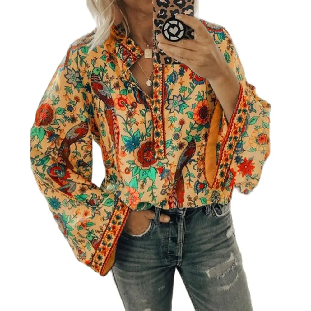

womens blouse Autumn new peacock print loose button long sleeve shirt fashion tops women clothing woman shirts