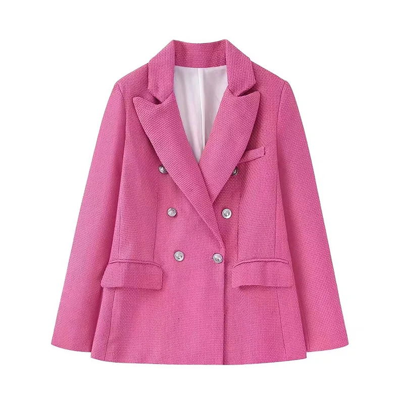 

2022 Autumn Women Fashion Solid Color Tweed Blazer Versatile Long Sleeve Double Breasted Lapel Mid Length Coat Chic Top HH6965