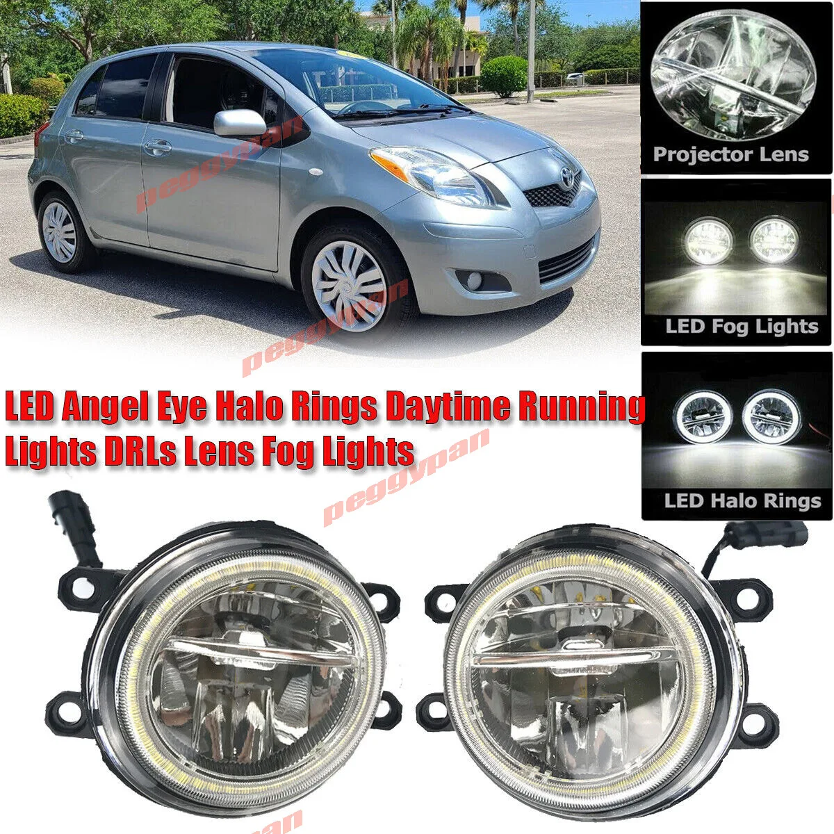 

New LED Fog Light Kit Angel Eye Rings HD Glass Lens DRL Daytime Running Lamp Fit For Toyota Yaris Hatchback 2007-2014