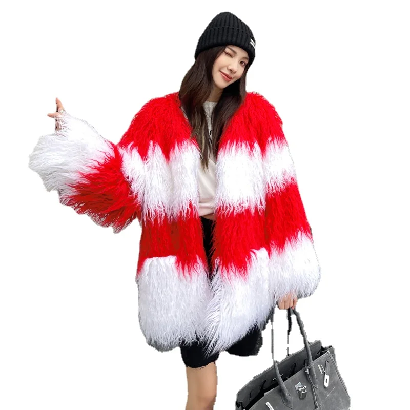 

Зимнее пальто из овечьей шерсти красно-белое контрастное меховое пальто пляжная одежда средней длины из искусственной шерсти с V-образным вырезом в европейском и американском стиле