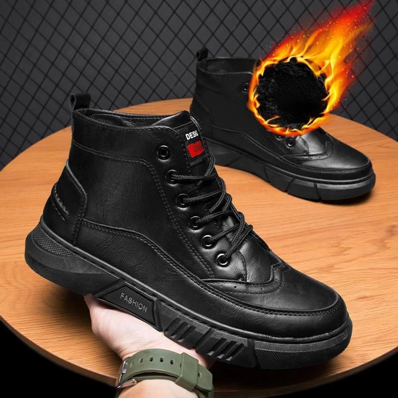 

Men's Boots Winter Plush Warm High Top Boots Cotton Shoes Casual Leather Shoes Waterproof Non Slip Martin Snow Boots Men's Shoes
