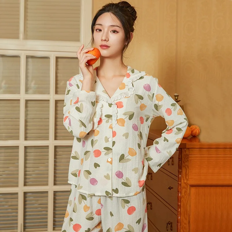 

Women Pajamas Set Sleepwear Long Sleeve Nightshirts Trouser Pijamas Suit Spring Summer Loose Nighties Loungewear Home Clothes