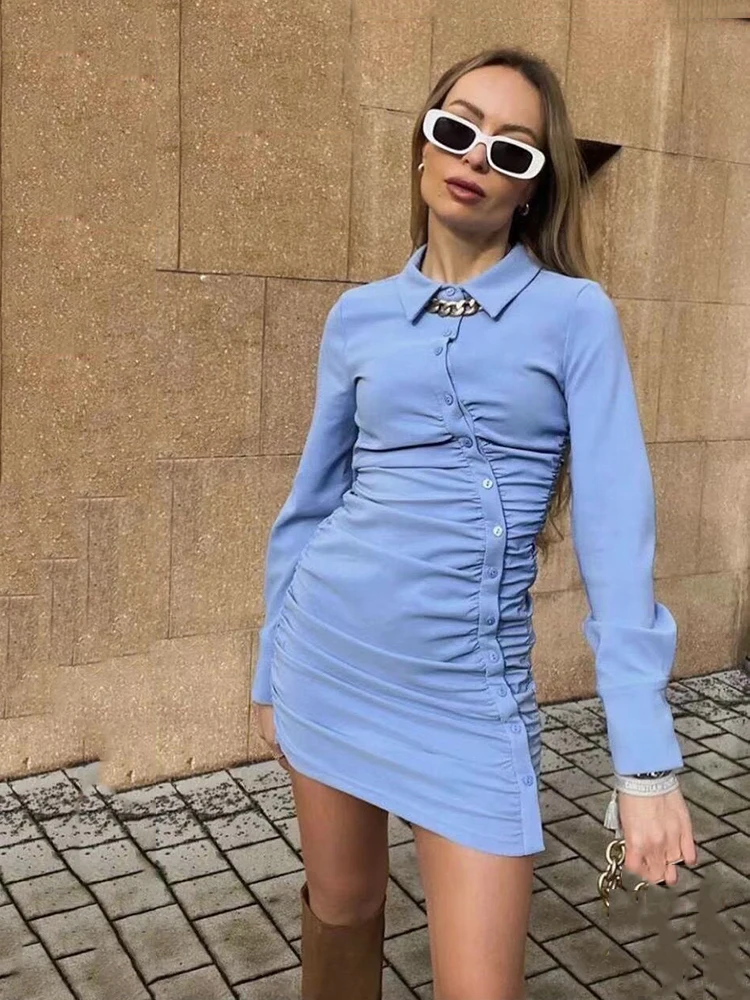 

KBAT Blue Ruched Shirt Dress Women Office Short Mini Dress Woman Pleated Female Dress Long Sleeve Collar Dresses For Women