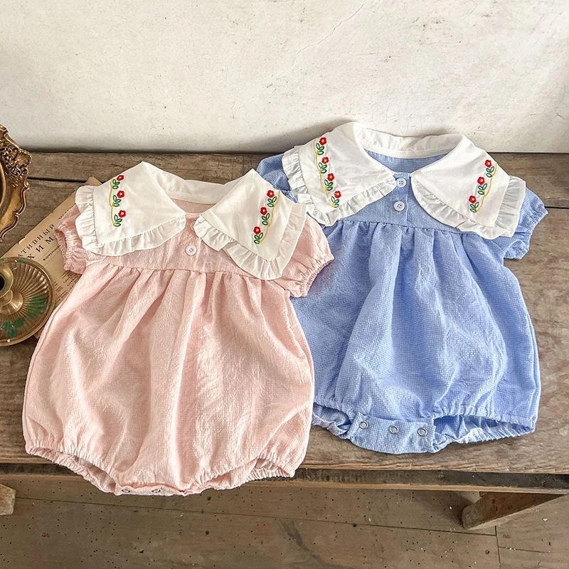 

Детский хлопковый комбинезон с коротким рукавом, с цветочной вышивкой