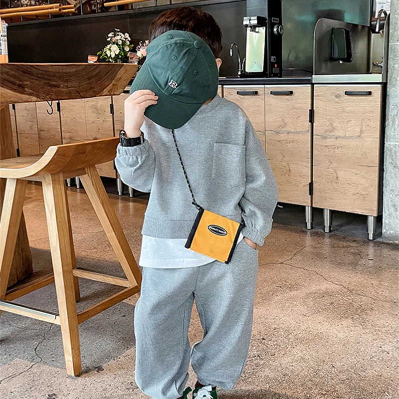 Boys Suit Sweatshirts +Pants Cotton 2Pcs/Sets 2022 Grey Spring Autumn Thicken Teenager Kid Outdoor Plus Size Children Clothing