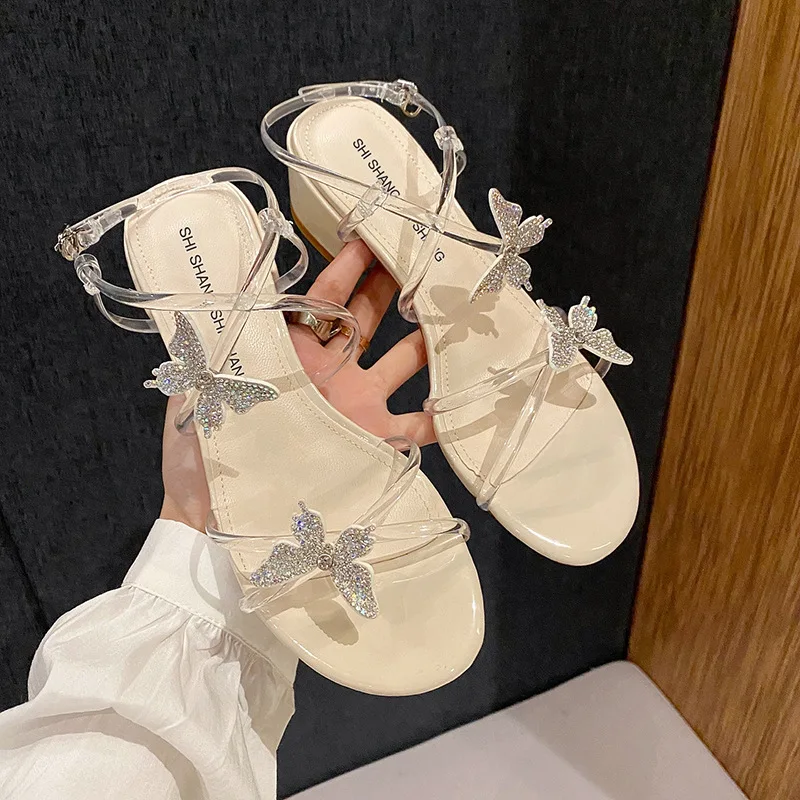 

2022 Summer Low Sandals Woman Leather Suit Female Beige Buckle Strap Clear Heels Women’s Shoes Low-heeled Black New Fashion Rhin