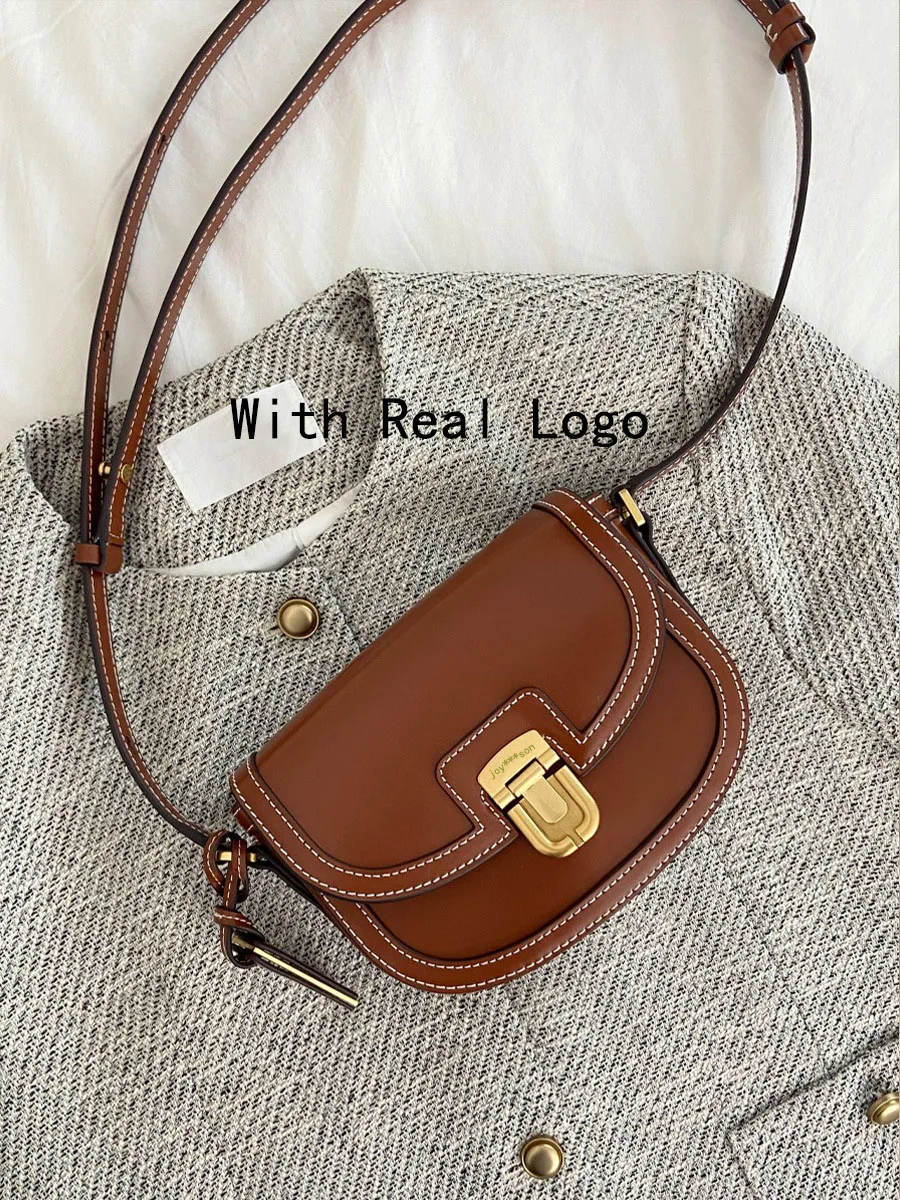 

Niche Design Retro Shoulder Bag JoyGryson Elegance Women's Bag Korea Trends Canvas Stitching Leather Saddle Bag Metal Buckle